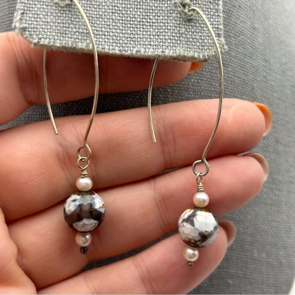 Sterling Silver 925 Dangle Earrings with Brown Wedding Cake Style Beads - Picture 3 of 10